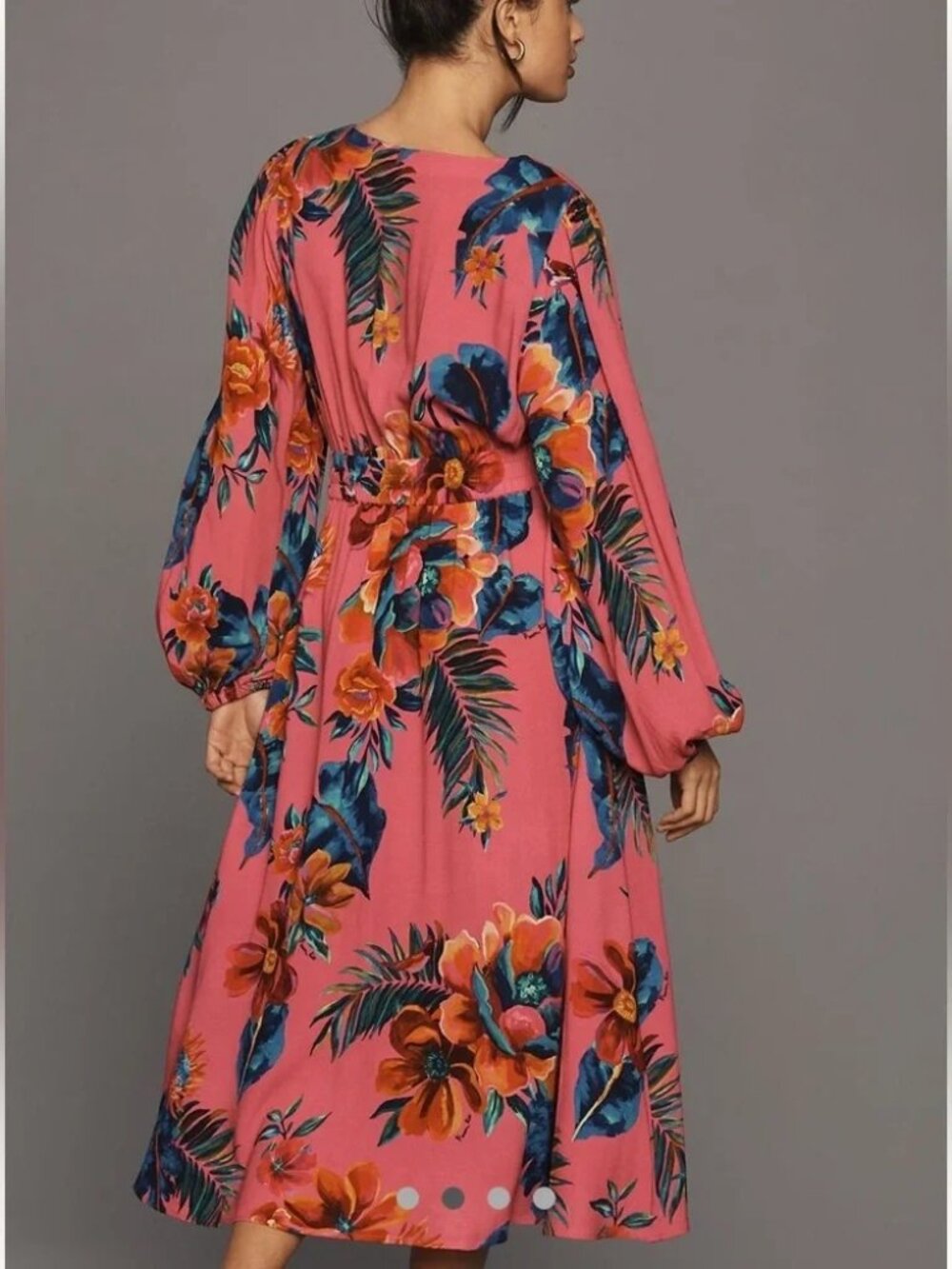 Farm Rio Anthropologie Midi Dress S Long Sleeve Floral Boho Tropical Pink Resort - Picture 3 of 16